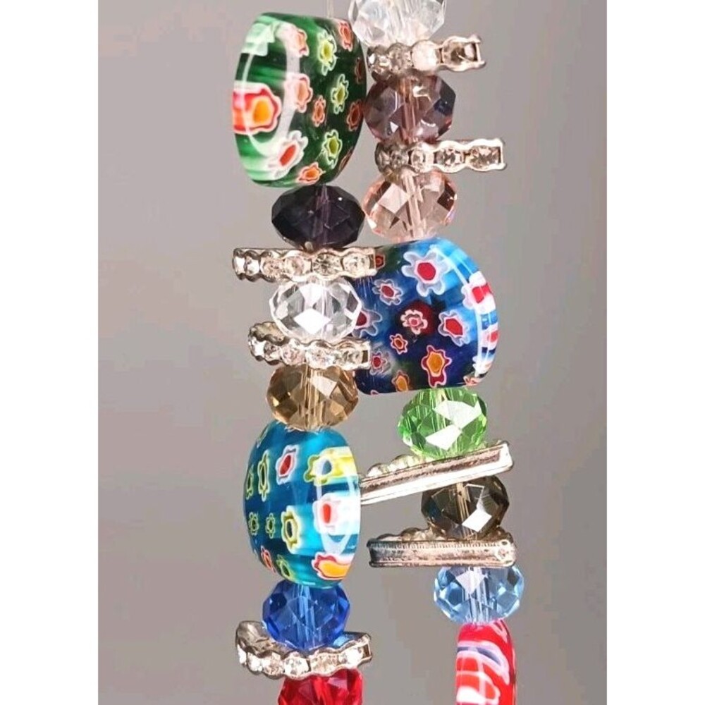Vtg Artisan Millefiori Art Glass Flower Discs Beads 8" Stretch Bracelet Colorful - Picture 4 of 4